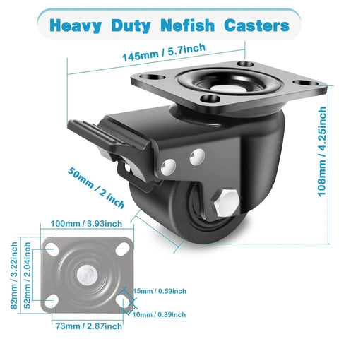 Close-up of a 3 Inch Heavy Duty Caster Set Of 4 With Brakes For Industrial Use, Swivel Caster Wheels Carry Up To 4400 Lbs Per Caster, Nylon Construction, Corrosion Resistant, Low Profile Plate.