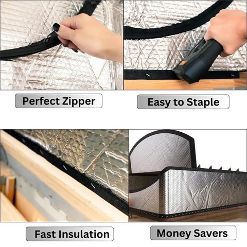 Collage of insulation processes for the Attic Stairs Insulation Cover 25x54x11 Inch, Class A Fireproof Attic Door Insulation installation.