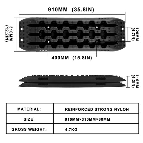 Heavy Duty Recovery Tracks for 4x4 Off Road Adventures Traction Boards Tire Ladder Mat for Sand Snow Mud Black U Design Stabilizes Enhances Grip and Helps You Get Unstuck Fast One Year Replacement Included, shown in black reinforced nylon, dimensions 910 x 310 x 60 mm.