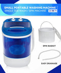 Dead Simple Semi Automatic Portable Mini Washing Machine With 8 Pound Capacity And Fast Spin Cycle Straight Up side view with spin basket and drainage hose.