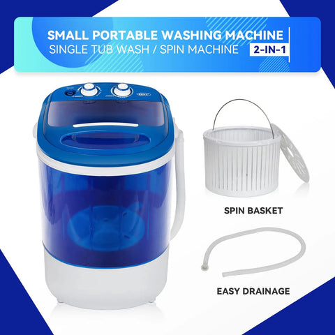 Dead Simple Semi Automatic Portable Mini Washing Machine With 8 Pound Capacity And Fast Spin Cycle Straight Up side view with spin basket and drainage hose.