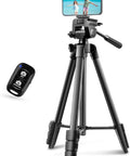 64 Inch Camera And Tablet Tripod With Remote For iPad And iPhone, Aluminum Alloy Legs, 3 Way Pan Head With Spirit Level, shown with smartphone and remote