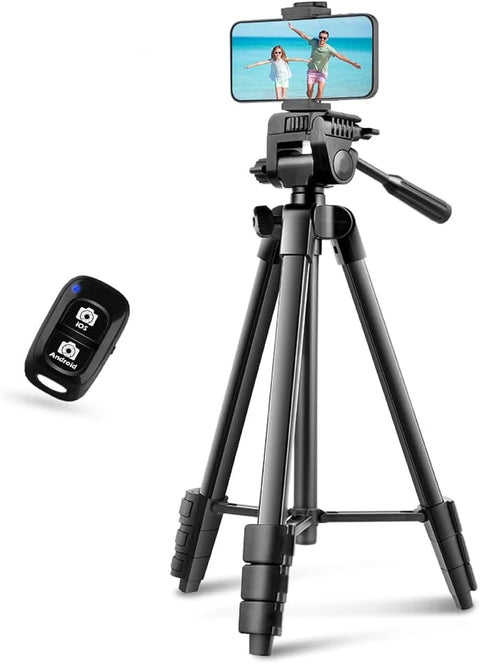 64 Inch Camera And Tablet Tripod With Remote For iPad And iPhone, Aluminum Alloy Legs, 3 Way Pan Head With Spirit Level, shown with smartphone and remote