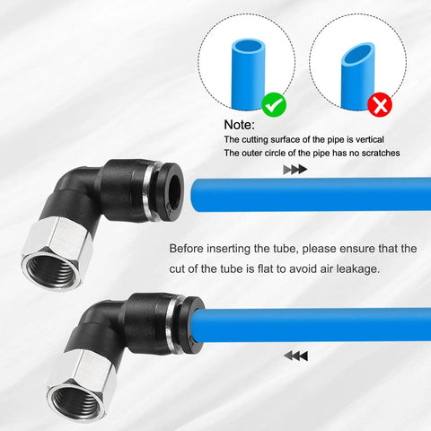 Diagram showing proper insertion of blue 1/4 inch tubing into black Five Pack Pro Grade Pneumatic Female Elbow Fittings One Quarter Inch Tube Outer Diameter By One Eighth Inch NPT 90 Degree Push To Connect Air Tubing Quick Connect For Pneumatic Machines Black.
