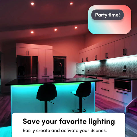 Modern kitchen with Six Point Six Feet Dope Smart LED Strip Lights Kit With Multizone RGB And Tunable White under cabinets, party scene