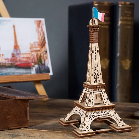 Paris Tower 3D Puzzle Kit No Glue Needed, 50 Wooden Pieces, 7.08 Inch Tall, Brown Finish, Easy Build For DIY Enthusiasts And Collectors, World Cities Collection, Fun Desk Model For Kids And Adults. Wooden Eiffel Tower model on desk