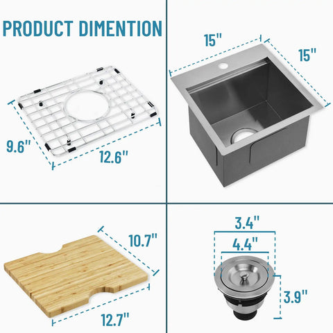 Prep Ready 15 Inch Workstation Sink Drop In Or Undermount 15x15 Inch Single Bowl 18 Gauge Stainless Steel with accessories dimensions