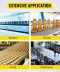 Grid showing uses of Desktop Belt Conveyor System 10 by 100 cm with adjustable speed for bottles, drinks, food, cosmetics