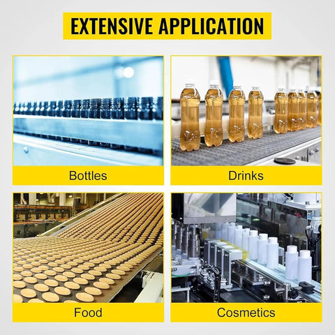 Grid showing uses of Desktop Belt Conveyor System 10 by 100 cm with adjustable speed for bottles, drinks, food, cosmetics