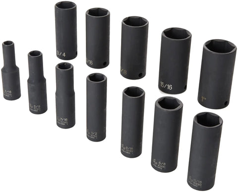3/8 Inch Drive Deep Socket Set, 12-Piece With Universal Molded Case, Includes 5/16, 3/8, 7/16, 1/2, 9/16, 5/8, 11/16, 3/4, 13/16, 7/8 Inch Deep Sockets For Auto, Motorcycle, And Home Projects displayed in size order