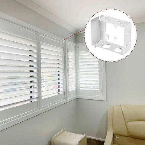Two Pack Box Mounting Brackets For Mini Window Blinds white metal bracket detail shown in use with interior mini blinds