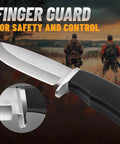 Close-up of Rugged Fixed Blade Survival Knife with satin finish blade and black rubber handle against outdoor hunting background