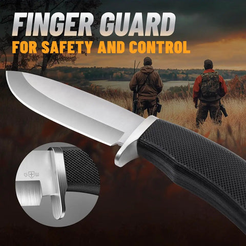 Close-up of Rugged Fixed Blade Survival Knife with satin finish blade and black rubber handle against outdoor hunting background