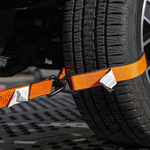 ProSeries Beefy Axle Strap Tie Down Kit with wire hook securing vehicle tire on trailer