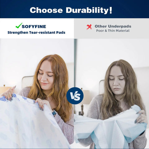 Hella Massive Disposable Incontinence Bed Pads 57X36 Inch Heavy Duty Tear Resistant adult care comparison showing durability.