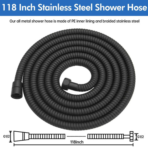 118 inch Extra Long Matte Black Stainless Steel Shower Hose Extension with leak free gaskets and flexible design