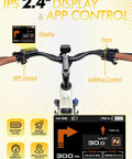 Handlebar view of Adult Electric Bike With 1200W Peak Motor And 960Wh Dual Battery, showcasing 2.4-inch display and controls.
