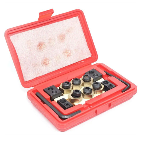 Five Eighth Inch T Slot Eccentric Clamping Kit Pro Grade Heavy Duty 18 Piece Set With Half Inch To Thirteen Thread Clamp Nuts For Lathe And Milling Machines Copper And Steel Reusable Fixture in red case
