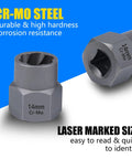 CR-MO steel socket with 14mm size marking, part of 12 Piece Screw Extractor Set Easy Out Kit With Storage Case For Quick Removal.