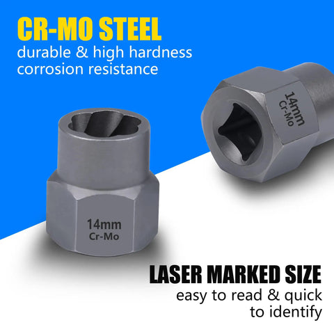 CR-MO steel socket with 14mm size marking, part of 12 Piece Screw Extractor Set Easy Out Kit With Storage Case For Quick Removal.