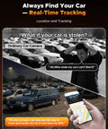 Image showing a worried person looking for a car in a parking lot, with a hand holding a phone displaying a real-time car location app.