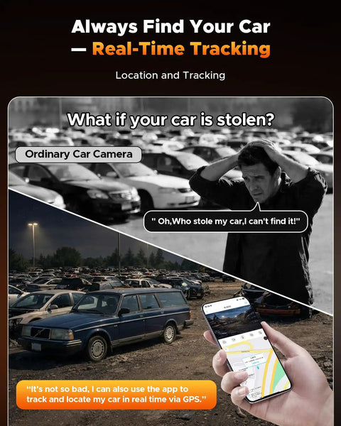 Image showing a worried person looking for a car in a parking lot, with a hand holding a phone displaying a real-time car location app.