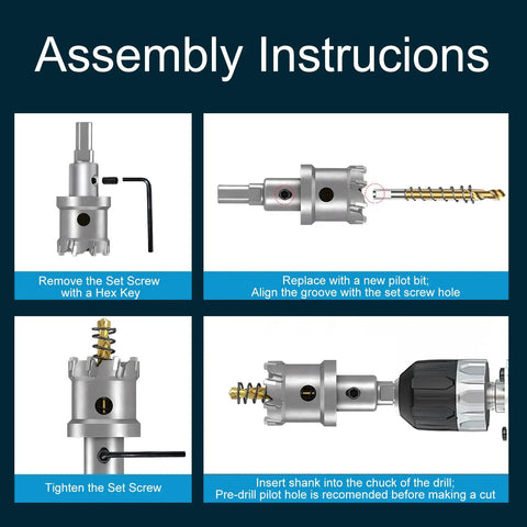 Assembly instructions for Heavy Duty 3 Inch TCT Hole Saw Kit With Tungsten Carbide Blades showing steps to replace pilot drill bits.