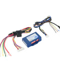 Universal Steering Wheel Control Retention Interface For Most Late Model Radios With 3.5mm Jack Or Two Wire Connections Analog And CAN Bus Compatible DIP Switch Programming Plug And Play Install Keeps Your Factory SWC Working On 3000 Plus Vehicles, showing wiring harness and blue interface module