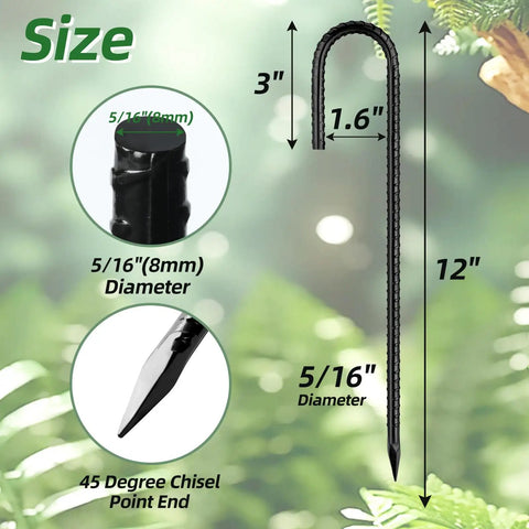Diagram detailing 12 Inch Rebar J Hook Ground Stakes 16 Pack illustrating dimensions and features, 45 degree chisel point end.