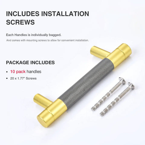 10 Pack Cabinet Pulls 5 Inch Center To Center Drawer Handles With Knurling Pattern In Grey And Brushed Nickel shown with screws