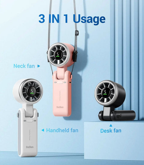 Portable Handheld Turbo Fan With JetForce Aero Turbojet Technology shown as desk, neck, and handheld versions