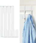 Over The Door Z Shaped Reversible Hooks For Clothes Coats Towels And Shoes Fits Doors With One And Three Eighths Inch Or One And Three Quarters Inch Widths Black 10 Pack shown in use with a blue checkered cloth.