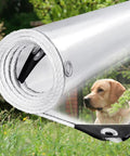 Straight Up Heavy Duty Clear Vinyl Tarp 3X6 Ft Transparent Waterproof Sheet With Reinforced Metal Grommets rolled up outdoors with a dog in the background.