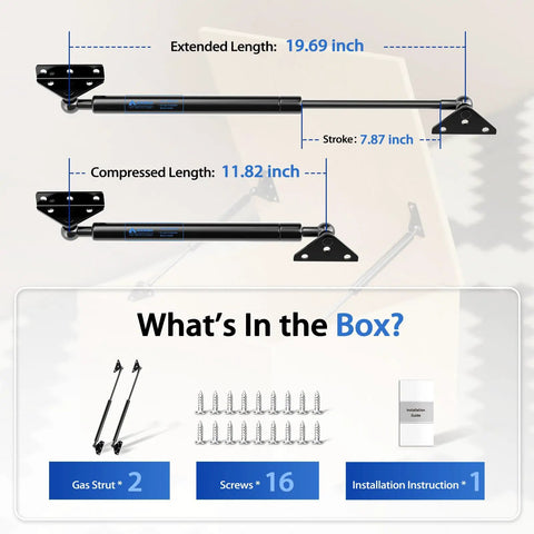 Diagram of 20 Inch Gas Struts 40 Lb With Brackets Non Detachable For RV Camper Doors And Trailers Window Toolbox Boat Hatch Masterlift Shocks SX200p 40 ML14 40 Heavy Duty Lift Supports 2 Pack showing extended and compressed lengths, screws, and installation guide.
