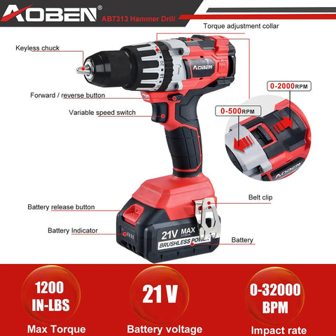 Beast Mode High Torque Cordless Hammer Drill With Brushless Motor 21V 1200 In-Lbs 1/2 Inch Chuck Kit With 4.0Ah Battery Charger And Auxiliary Handle Dual Speed 0-500 And 0-2000 RPM For Drilling And Hammering