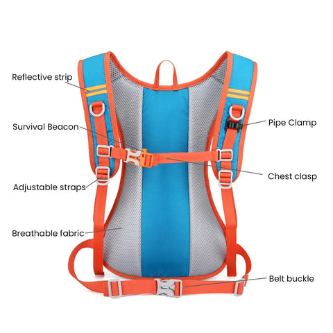 Back view of 12L Hydration Backpack with 2L Water Bladder for Men and Women showing reflective and adjustable straps.