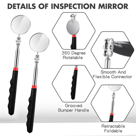 2 Pack Telescoping Inspection Mirrors With Long Handle Round 50mm Extendable Mirror For Technicians Mechanics Contractors