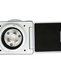 Direct Fit 30 Amp RV Power Inlet Twist Lock L5 30P Replacement with cover open, showing stainless steel pins for camper