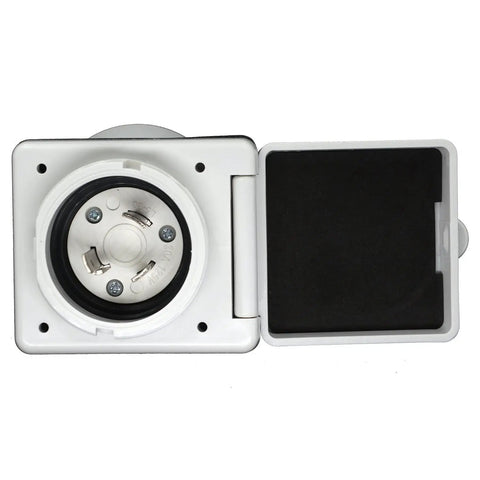 Direct Fit 30 Amp RV Power Inlet Twist Lock L5 30P Replacement with cover open, showing stainless steel pins for camper