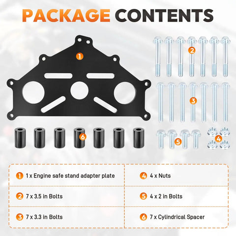 Billet Aluminum Engine Safe Stand Adapter Plate For Chevy Small Block Big Block And GM LS LT V8 Engines Beefy Built Heavy Duty Durable Fitment For LS1 LS2 LS3 LS6 LS7 LS9 L76 L92 L96 LQ4 LQ9 And More. package contents with plate, bolts, nuts, and spacers
