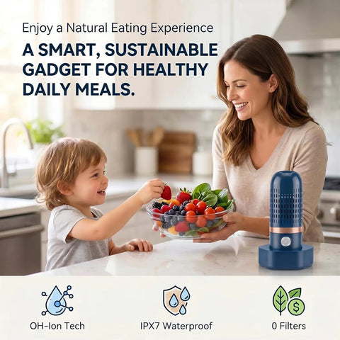 Woman and child with Cordless OH Ion Purifier For Fruit Veggies Meat And Seafood Capsule Shape Cleaner on a kitchen table.