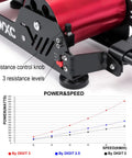 Close-up of Portable Magnetic Bike Trainer Stand with 3-level resistance control knob and power-speed chart, red roller visible.