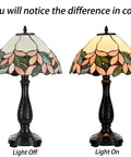 Pink Wisteria Tiffany Style Stained Glass Table Lamp With Warm White Glow Handmade 14 Inch Wide By 22.5 Inch Tall E26 Bulb Not Included Cord Switch Cozy Vintage Accent Light shown with light off and on