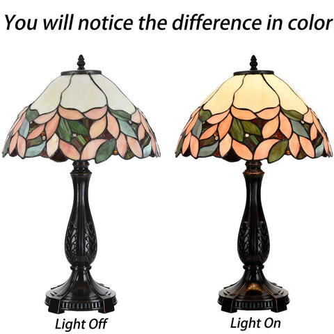 Pink Wisteria Tiffany Style Stained Glass Table Lamp With Warm White Glow Handmade 14 Inch Wide By 22.5 Inch Tall E26 Bulb Not Included Cord Switch Cozy Vintage Accent Light shown with light off and on