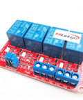 12V Four Channel Relay Module With Opto Isolation And High And Low Level Trigger For Arduino And Home Automation, 250V AC Load, SMD Optocoupler For Projects, red PCB with 4 blue relays