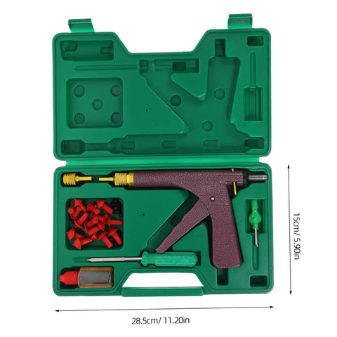 Complete Heavy Duty Motorcycle Tire Repair Kit Featuring Abs Metal Plug Insertion Tool For Tubeless Street Bikes And Scooters Fast No Sweat Roadside Patch Fix And Storage Organizer in green case with tools and accessories.