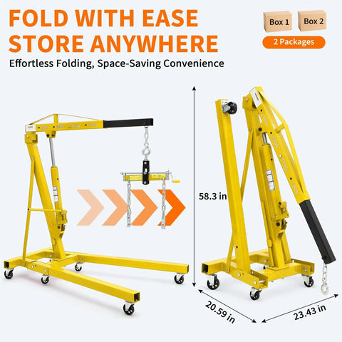 Heavy Duty Hydraulic Engine Hoist Cherry Picker Crane Packs A Bad Ass 4400 Lb Capacity with foldable design and six swivel casters.