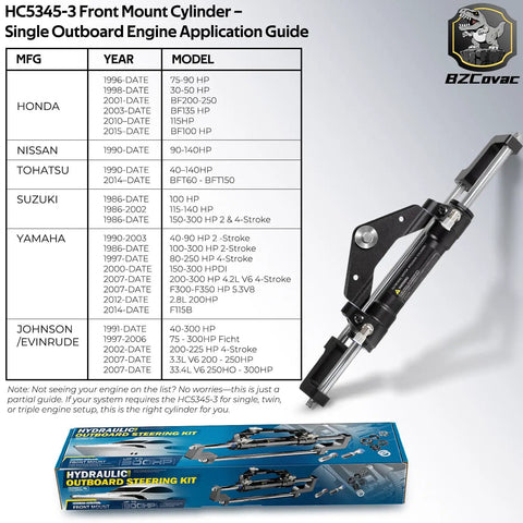 Beefy Front Mount Hydraulic Outboard Steering Cylinder Handles Up To Three Hundred Fifty Horsepower Engines With Ease; product box visible