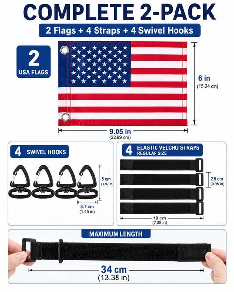 Premium Golf Cart American Flag 2 Pack 6X9 Inch Satin Patriotic Banner Built Tough With Reinforced Edges features flags, straps, and swivel hooks.