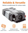 Rock Solid 1000W Car Power Inverter That Powers Your Rig On The Go By Converting 12V To 110V Ac, compact inverter with 2 AC outlets and USB port.